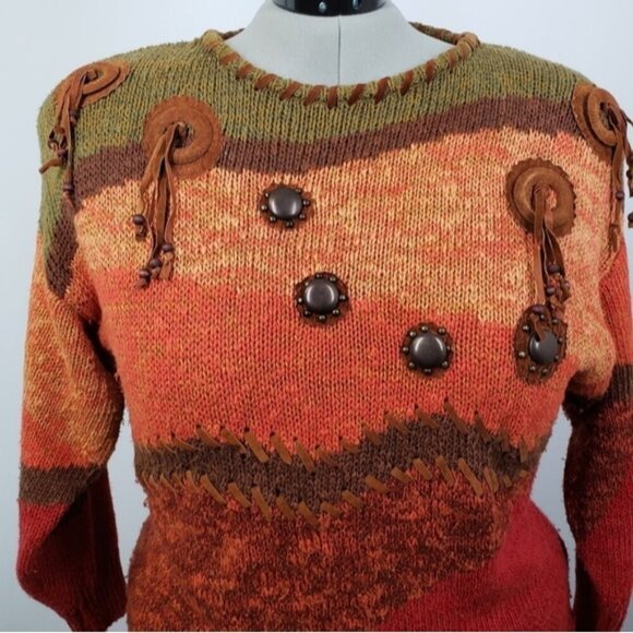 Vintage Ramie Cotton Southwestern Autumn Crew Neck Sweater Size 1X Fall Cozy - Picture 3 of 12